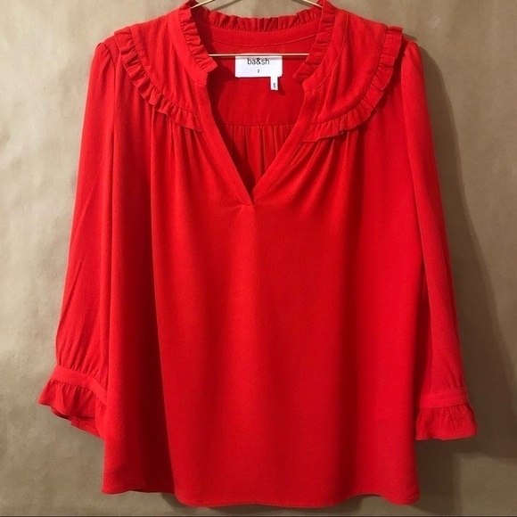 ba&sh | Thalgo Ruffle Yoke Plunging V-Neck Popover Top in Grenadine Red Size M - Picture 1 of 16